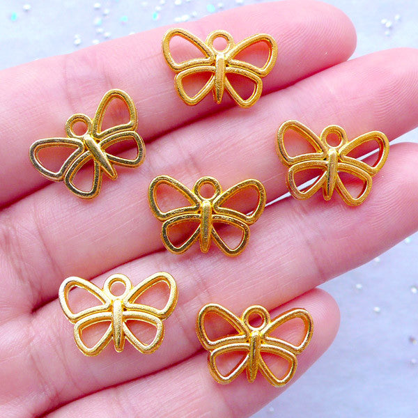 Outlined Butterfly Charms | Small Insect Pendant | Kawaii Deco Frame for UV Resin Filling | Animal Jewelry (6pcs / Gold / 16mm x 11mm / 2 Sided)