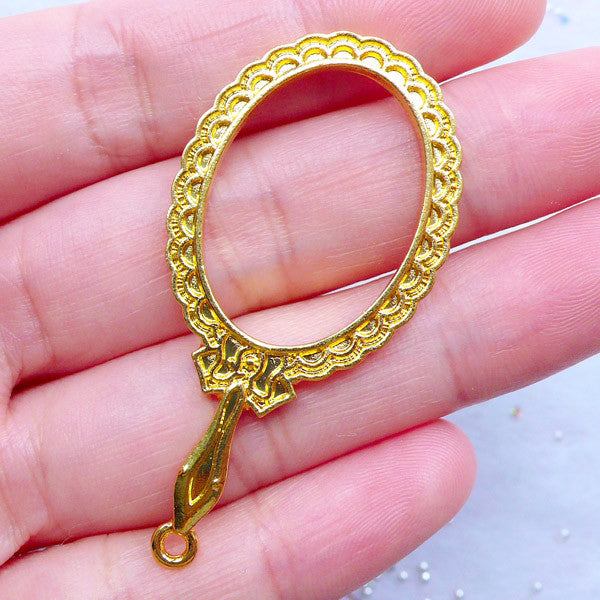 Hand Mirror Open Bezel Charm with Lace Border | Kawaii Deco Frame for UV Resin Filling | Lolita Accessories (1 piece / Gold / 25mm x 49mm)