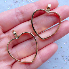 Heart Open Backed Bezel Charms for UV Resin Jewelry Making | Outlined Heart Pendant | Hollow Deco Frame for Resin Filling (Gold / 2pcs / 28mm x 34mm)
