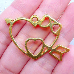 CLEARANCE Double Heart with Arrow and Bow Open Back Bezel Pendant | Kawaii Resin Jewelry Making | Hollow Deco Frame for UV Resin Filling (1 piece / Gold / 36mm x 27mm)