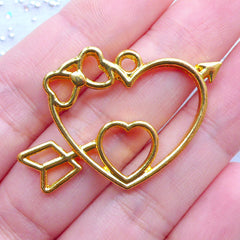 CLEARANCE Double Heart with Arrow and Bow Open Back Bezel Pendant | Kawaii Resin Jewelry Making | Hollow Deco Frame for UV Resin Filling (1 piece / Gold / 36mm x 27mm)