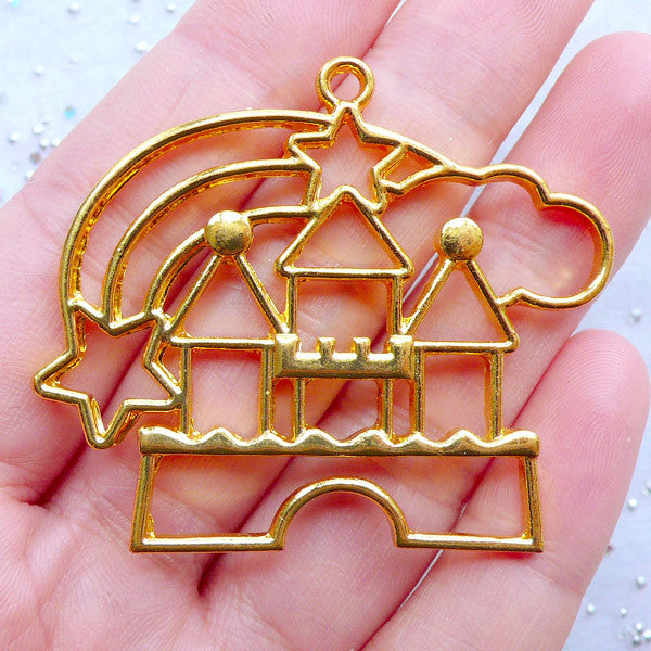 Kawaii Castle Open Back Bezel Pendant | Fairy Kei Jewelry DIY | Fairytale Charm | Deco Frame for UV Resin Art (1 piece / Gold / 48mm x 41mm)