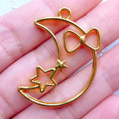 Moon and Star Open Back Bezel Charm | Kawaii Deco Frame for UV Resin Filling | Fairy Kei Resin Jewelry Supplies (1 piece / Gold / 24mm x 35mm)