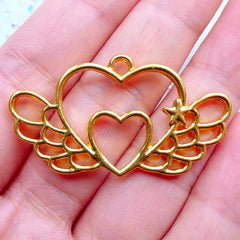CLEARANCE Double Heart with Wing Open Backed Bezel Charm | Winged Heart Pendant | Kawaii Magical Girl Jewelry Supplies | Deco Frame for UV Resin Filling (1 piece / Gold / 41mm x 23mm)