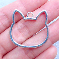 Cat Head Open Back Bezel Pendant for UV Resin Jewelry | Kawaii Kitty Charm | Kitten Deco Frame | Cute Animal Jewelry (1 piece / Silver / 30mm x 28mm / 2 Sided)