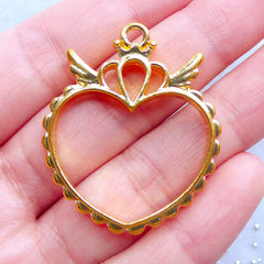 Magical Girl Heart Princess Open Back Bezel Charm | Kawaii Mahou Kei Jewelry Making | Winged Heart Deco Frame for UV Resin Filling (1 piece / Gold / 31mm x 37mm / 2 Sided)