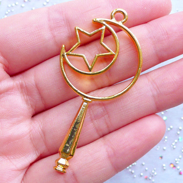 Magical Moon & Star Wand Open Bezel Charm | Mahou Kei Wand Pendant for UV Resin Crafts | Kawaii Deco Frame for Resin Filling (1 piece / Gold / 26mm x 54mm / 2 Sided)