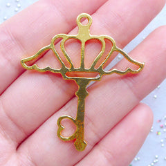 Magical Girl Key Open Bezel Pendant | Winged Crown Key Charm | Deco Frame for Kawaii UV Resin Jewellery DIY (1 piece / Gold / 36mm x 40mm)