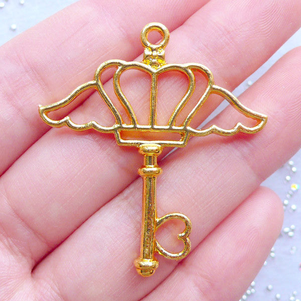 Magical Girl Key Open Bezel Pendant | Winged Crown Key Charm | Deco Frame for Kawaii UV Resin Jewellery DIY (1 piece / Gold / 36mm x 40mm)