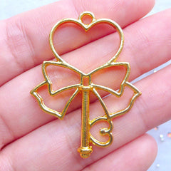 CLEARANCE Magical Heart Wand with Ribbon Open Back Bezel Charm | Deco Frame for UV Resin Filling | Kawaii Mahou Kei Jewellery Supplies (1 piece / Gold / 30mm x 39mm)