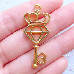 Diamond and Crown Key Open Back Bezel Pendant | Kawaii Jewelry Supplies | Deco Frame for UV Resin Art (1 piece / Gold / 17mm x 41mm)