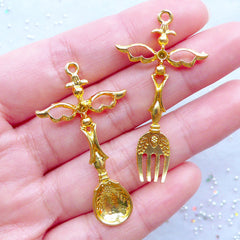 Magical Fork and Spoon Charms with Angel Wings | Kawaii Cutlery Charm | Mahou Kei Jewelry Supplies (2 pcs / Gold / 24mm x 44mm)