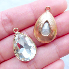Teardrop Rhinestone Charms | Tear Drop Gemstone Charm | Gem Pendant | Bling Bling Jewelry Supplies (2 pcs / Clear & Gold / 15mm x 23mm)