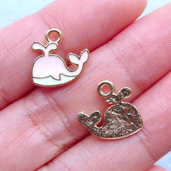 Whale Enamel Charms | Mini Marine Life Pendant | Cute Fish Charm | Kawaii Beach Jewellery Making (3 pcs / Pink, White & Gold / 13mm x 12mm)