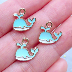 CLEARANCE Cute Enamel Whale Charms | Kawaii Marine Life Charm | Small Fish Pendant | Sea Ocean Jewelry Making (3 pcs / Blue, White & Gold / 13mm x 12mm)