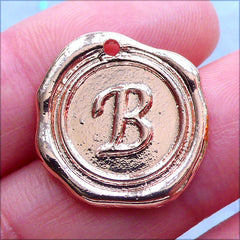 Initial Wax Seal Charms | Letter Tag | Round Alphabet Pendant | Personalized Jewelry Making (1 piece / Rose Gold / 18mm x 19mm)