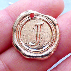 Initial Wax Seal Charms | Letter Tag | Round Alphabet Pendant | Personalized Jewelry Making (1 piece / Rose Gold / 18mm x 19mm)