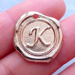 Initial Wax Seal Charms | Letter Tag | Round Alphabet Pendant | Personalized Jewelry Making (1 piece / Rose Gold / 18mm x 19mm)