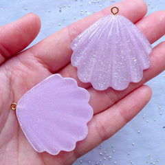 Glittery Seashell Charms | Cockle Shell Pendant | Beach Cabochons | Sea Shell Decoden | Mermaid Jewellery Making (2 pcs / Purple / 42mm x 42mm)