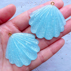 Glitter Seashell Cabochons | Sea Shell Charm | Cockle Shell Cabochon | Mermaid Decoden | Kawaii Jewelry Supplies (2 pcs / Blue / 42mm x 42mm)