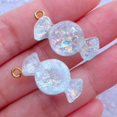 Kawaii Candy Charms with Glitter | Iridescent Candy Pendant | Decoden Cabochons | Sweets Deco | Faux Food Jewelry Supplies (2 pcs / Blue / 13mm x 27mm)