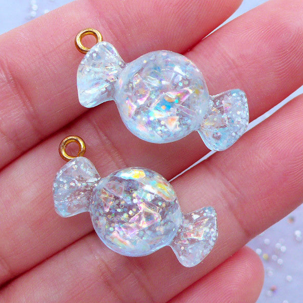 Kawaii Candy Charms with Glitter | Iridescent Candy Pendant | Decoden  Cabochons | Sweets Deco | Faux Food Jewelry Supplies (2 pcs / Blue / 13mm x