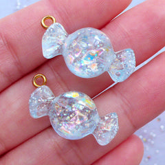 Kawaii Candy Charms with Glitter | Iridescent Candy Pendant | Decoden Cabochons | Sweets Deco | Faux Food Jewelry Supplies (2 pcs / Blue / 13mm x 27mm)