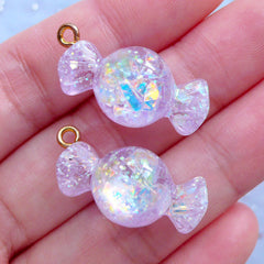 Fake Candy Charms with Iridescent Mica Flakes | Glittery Candy Cabochons | Decoden Supplies | Kawaii Food Jewellery Supplies (2 pcs / Purple / 13mm x 27mm)