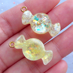 Iridescent Candy Charms with Mica Flakes | Glittery Resin Cabochons | Decoden Pieces | Kawaii Jewelry Supplies (2 pcs / Yellow / 13mm x 27mm)
