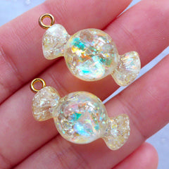 Iridescent Candy Charms with Mica Flakes | Glittery Resin Cabochons | Decoden Pieces | Kawaii Jewelry Supplies (2 pcs / Yellow / 13mm x 27mm)