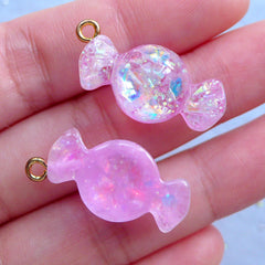 Glittery Candy Charms with Iridescent Flakes | Kawaii Decoden Supplies | Fake Food Jewellery Making (2 pcs / Pink / 13mm x 27mm)