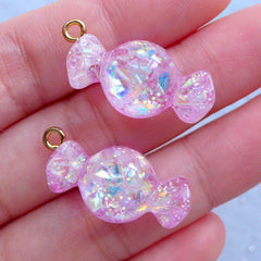 Glittery Candy Charms with Iridescent Flakes | Kawaii Decoden Supplies | Fake Food Jewellery Making (2 pcs / Pink / 13mm x 27mm)