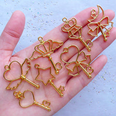 Kawaii Magic Wand Open Bezel Charm | Magical Girl Pendant | UV Resin Jewelry Supplies | Deco Frame for Resin Filling (7 pcs / Gold)