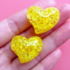 Resin Heart Beads | Cracked Jelly Bead | Chunky Crackle Beads | Kawaii Jewelry Supplies (2pcs / Yellow / 25mm x 21mm)