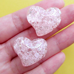 Heart Resin Beads | Crackle Jelly Bead | Chunky Cracked Beads | Kawaii Jewellery Supplies (2pcs / Light Pink / 25mm x 21mm)