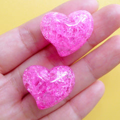 Heart Shaped Jelly Bead | Cracked Chunky Beads | Crackle Resin Beads | Kawaii Craft Supplies (2pcs / Dark Pink / 25mm x 21mm)
