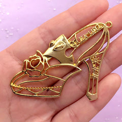 Rose High Heel Open Bezel Charm | Kawaii Deco Frame for UV Resin Filling | Fairytale Princess Jewelry DIY (1 piece / Gold / 58mm x 45mm)