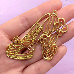CLEARANCE Flower High Heel Open Back Bezel Charm for UV Resin | Shoe Deco Frame | Fairy Tale Princess Jewellery DIY (1 piece / Gold / 57mm x 48mm)