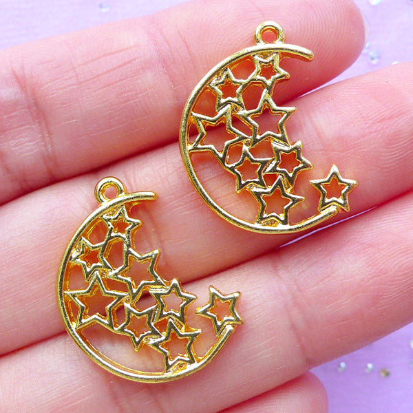 Magical Star and Moon Open Bezel Charm | UV Resin Jewelry Supplies | Kawaii Deco Frame for Resin Filling (2pcs / Gold / 19mm x 23mm)