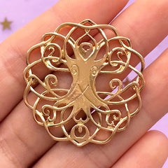 Round Tree of Life Charm | Filigree Base Connector | Scared Jewelry Supplies (1 piece / Gold / 35mm x 37mm)