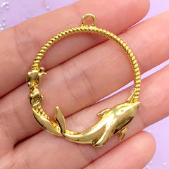 Unicorn Dolphin Open Back Bezel for Kawaii UV Resin Art | Round Nautical Pendant | Marine Life Charm (1 piece / Gold / 35mm x 40mm)