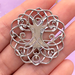 DEFECT Filigree Tree of Life Connector Charm | Round Base for Cabochon and Cameo | Scared Jewellery Making (1 piece / Silver / 35mm x 37mm)