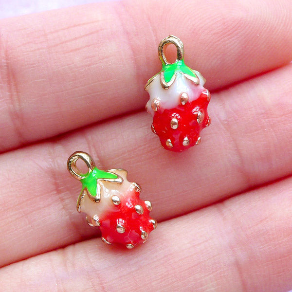 Miniature Strawberry Enamel Charms | 3D Fruit Charm | Kawaii Pendant | Fake Food Jewelry Supplies (2pcs / 8mm x 13mm / 2 Sided)
