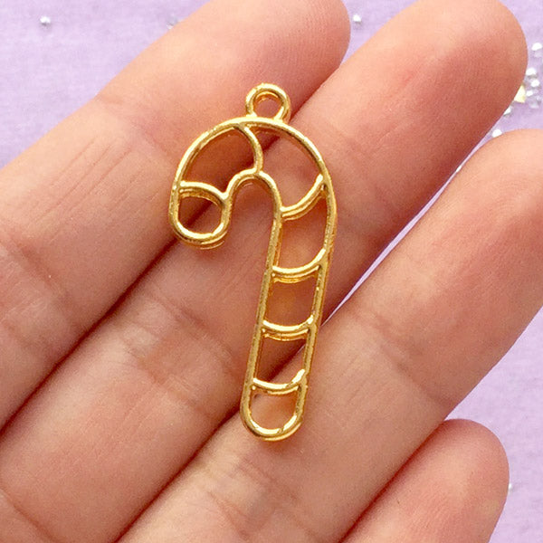 Christmas Candy Cane Open Bezel Pendant | Peppermint Stick Deco Frame for UV Resin Filling | Kawaii Resin Jewellery Making (1 piece / Gold / 15mm x 32mm)