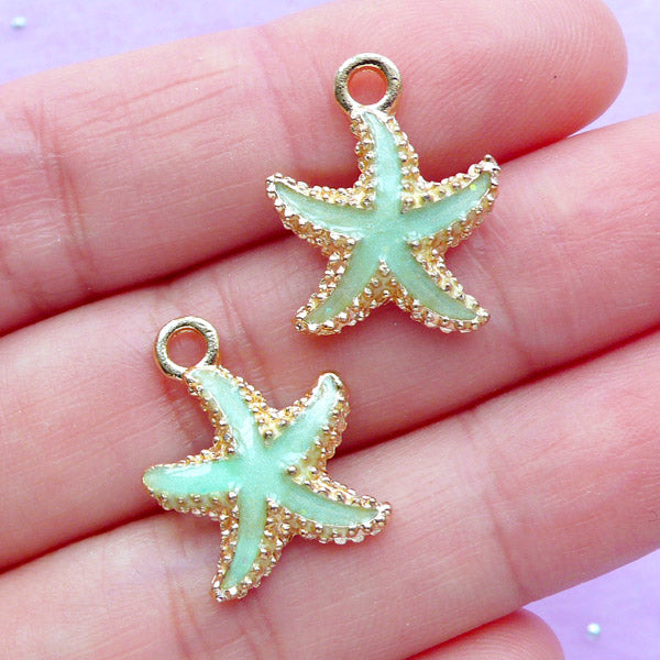 Starfish Enamel Charms | Star Fish Charm | Marine Life Pendant | Oceanic Jewelry Making (2pcs / Light Green / 15mm x 18mm)