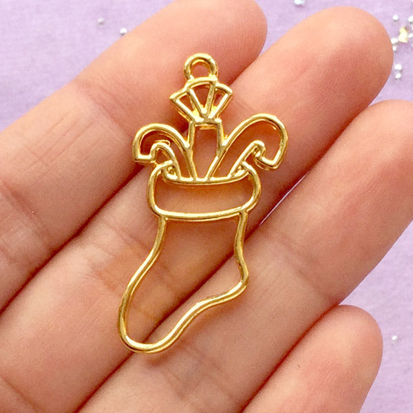 CLEARANCE Christmas Stocking Open Back Bezel Charm | Hollow Deco Frame for UV Resin Crafts | Kawaii Jewelry DIY (1 piece / Gold / 19mm x 37mm)