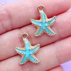 Enameled Starfish Charms | Marine Animal Pendant | Beach Bracelet Charm | Nautical Jewellery Supplies (2pcs / Blue / 15mm x 18mm)