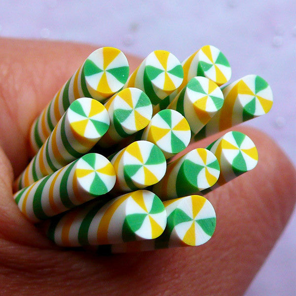 Miniature Peppermint Candy Fimo Stick | Kawaii Sweets Polymer Clay Cane | Christmas Nail Deco (Green & Yellow)