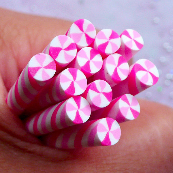 Miniature Sweets Supplies | Swirl Peppermint Candy Fimo Clay Cane | Kawaii Polymer Clay Cane (Pink)