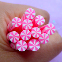 Miniature Peppermint Swirl Candy | Kawaii Polymer Clay Cane | Dollhouse Food Crafts | Fimo Cane Supplies | Nail Decoration (Pink)